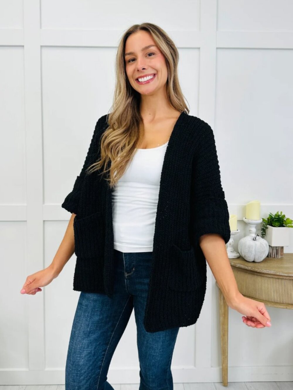 POL Morning Dew Chunky Knit Open Cardigan In Black L